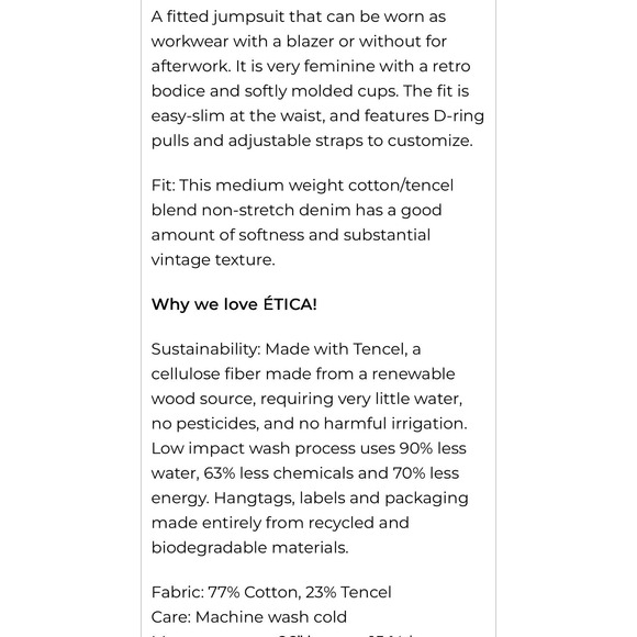 Etica Women's  XS Darla Bustier Denim Jean Jumpsuit Crop Sustainable Seafarer - Picture 4 of 16